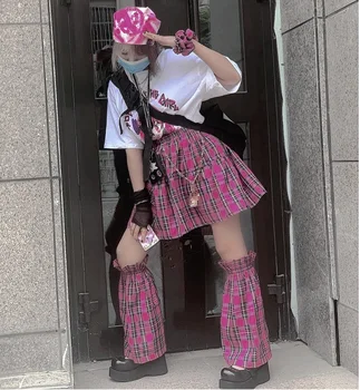 Японски Harajuku Обувки За Момичета В Розово-Червена Клетчатая Плиссированная Мини Пола + Гамаши Чорап + Пръстен За Коса Въже Kawaii Поли Комплекти