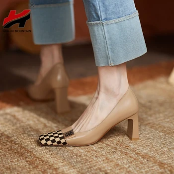 2022 Женски Фини обувки на висок ток с Квадратни Пръсти, кожени обувки в стил ретро, Пролет-Есен, Дамски Обувки В Масивна ток