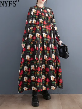 NYFS 2023 Есен Нова Корейска Женствена Рокля Vestidos Robe Femme Elbise Свободно Рокля-Риза в Стил Мозайка с Принтом Размер Плюс