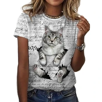 Лятна нова женска тениска с хубав принтом котка, модни дамски блузи с къс ръкав, обичайните ежедневни дамски тениски с 3D принтом