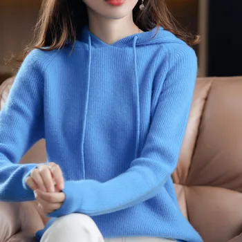 Нов вълнен пуловер жена чист вълнен пуловер с качулка и шал яка, пуловер, дамска мода, размер plu, топло трикотажная долна риза